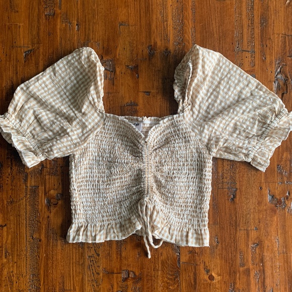 Tan Plaid Princess Sleeve Crop Shirt - Picture 6 of 7